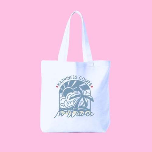 HAPPINESS COMES IN WAVES TOTE BAG