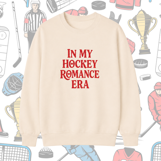 Beige sweatshirt with 'In My Hockey Romance Era' text on a hockey-themed background