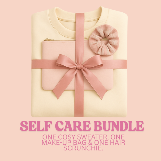 Self care bundle for pamper night. Makeup bag and sweater.