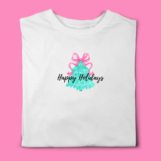 Christmas tree t-shirt with pink bow and happy holidays print.