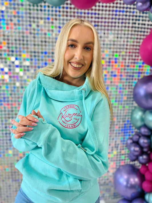 GOOD KARMA CLUB REVERSE PRINT CROSS NECK HOODIE