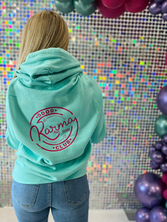 GOOD KARMA CLUB REVERSE PRINT CROSS NECK HOODIE