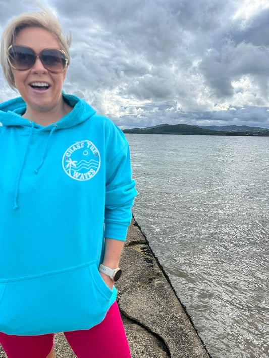 Summer slogan college hoodie turquoise blue sky baby beach cross neck