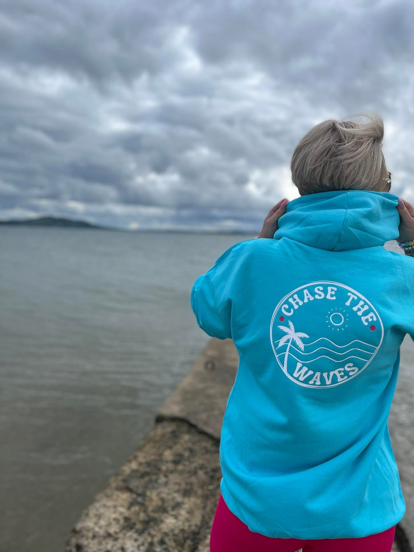 Summer slogan college hoodie turquoise blue sky baby beach cross neck