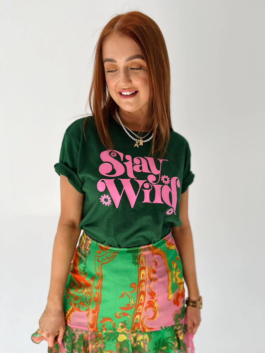 SALE LARGE BOTTLE GREEN STAY WILD TEE BABY PINK TEXT