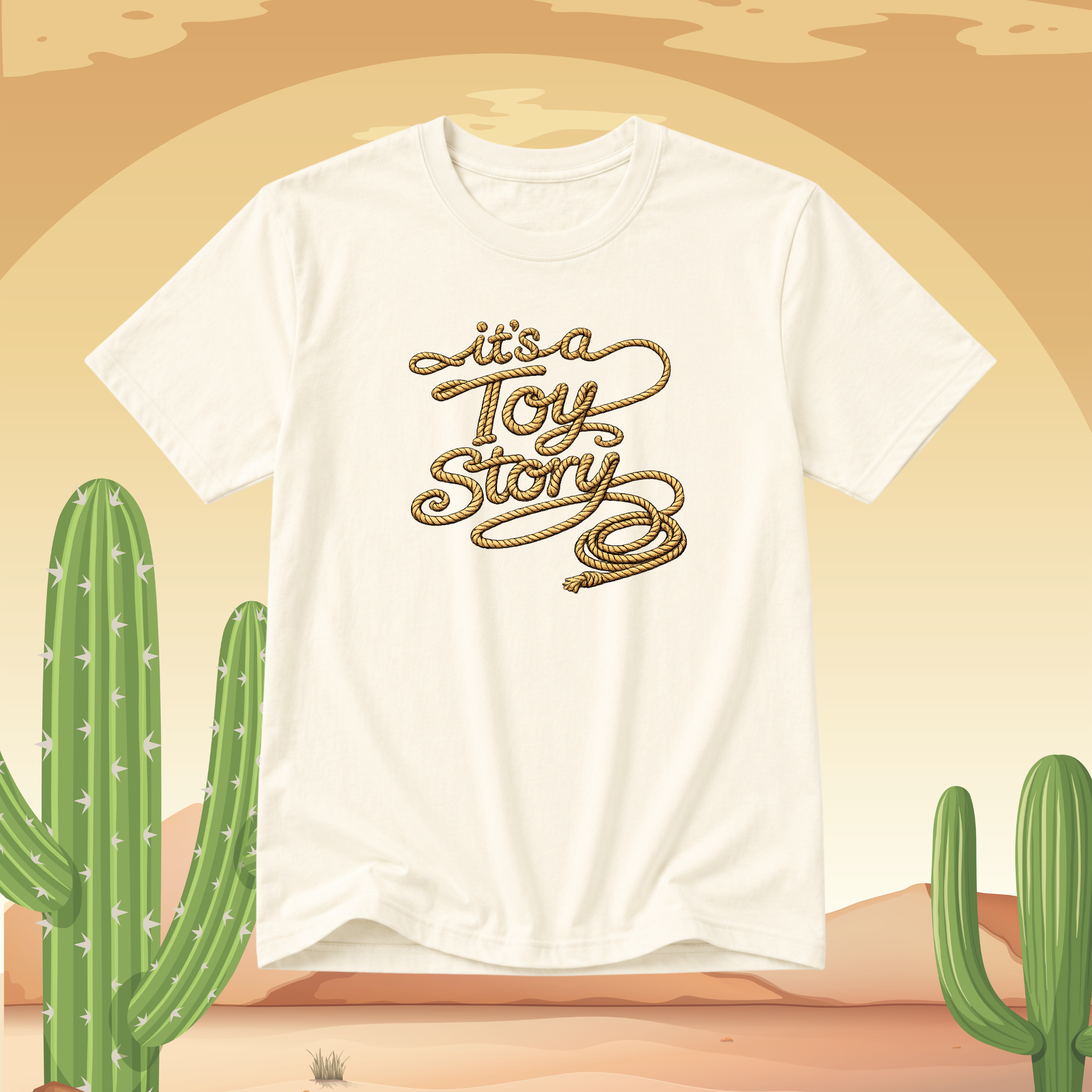 Vanilla t-shirt with 'it's a Toy Story' text on a desert background with cacti.