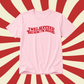 A light pink short-sleeve t-shirt with the phrase 'I WILL SUCCEED BECAUSE I'M INSANE' printed in a red retro font across the chest, set against a red and cream sunburst background.