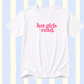 White t-shirt with pink text 'hot girls read' on a striped background