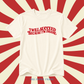 An off-white short-sleeve t-shirt with the phrase 'I WILL SUCCEED BECAUSE I'M INSANE' printed in red retro-style lettering across the chest. The shirt is displayed against a red and cream sunburst background, with 'THE PAPER PRESS' printed in blue at the bottom.