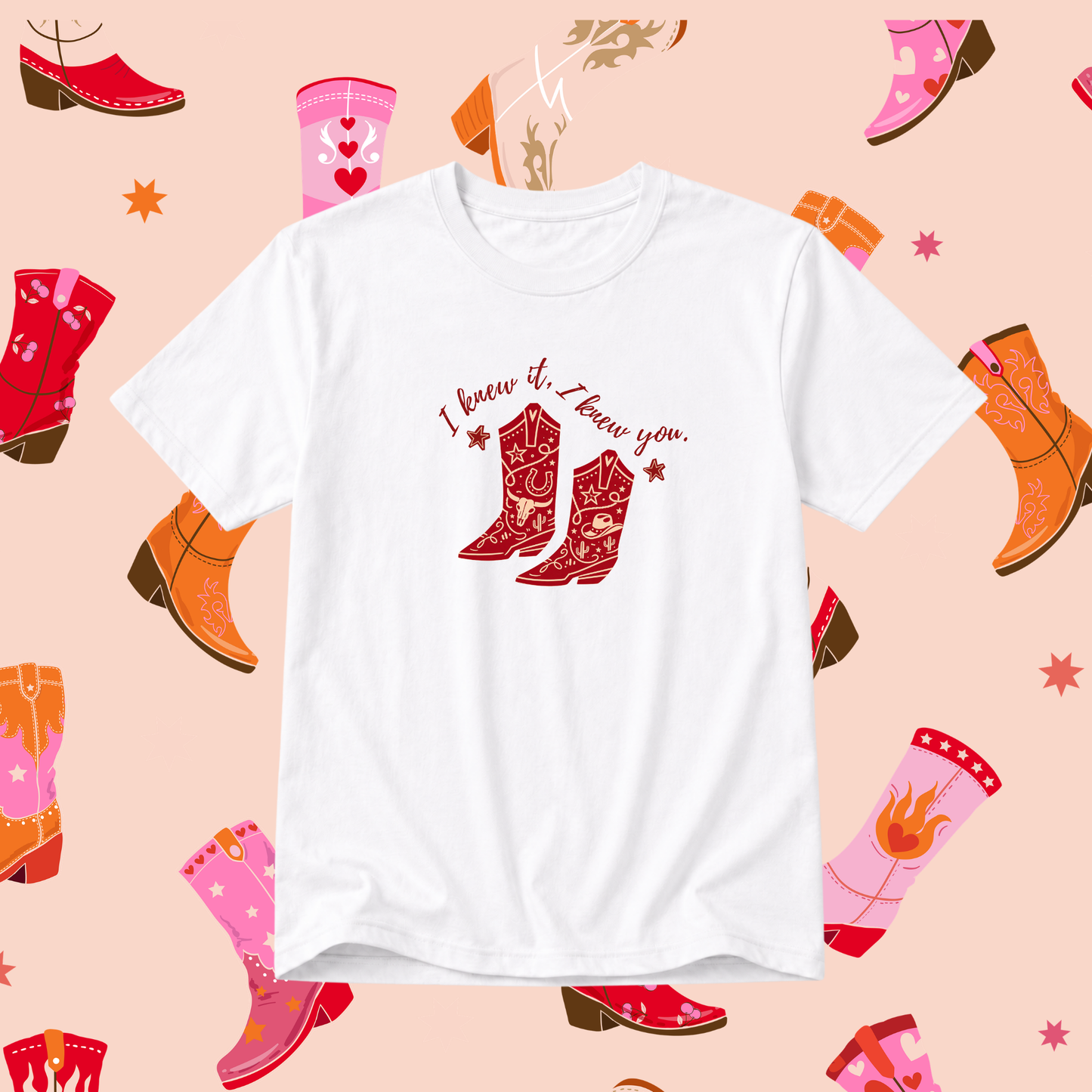 White t-shirt with cowboy boots and text on a patterned background