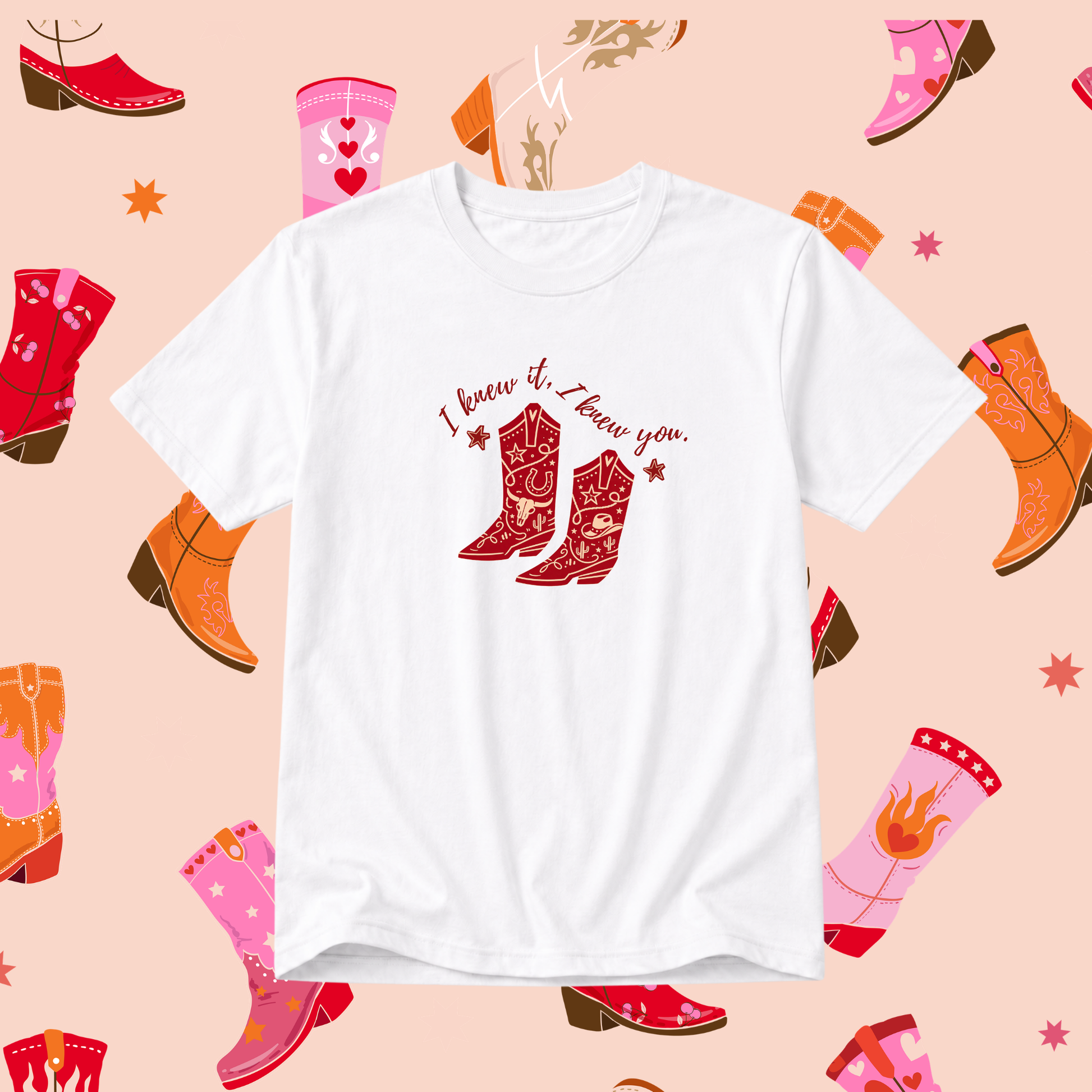 White t-shirt with cowboy boots and text on a patterned background