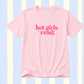 Pink t-shirt with 'hot girls read' text on a striped background