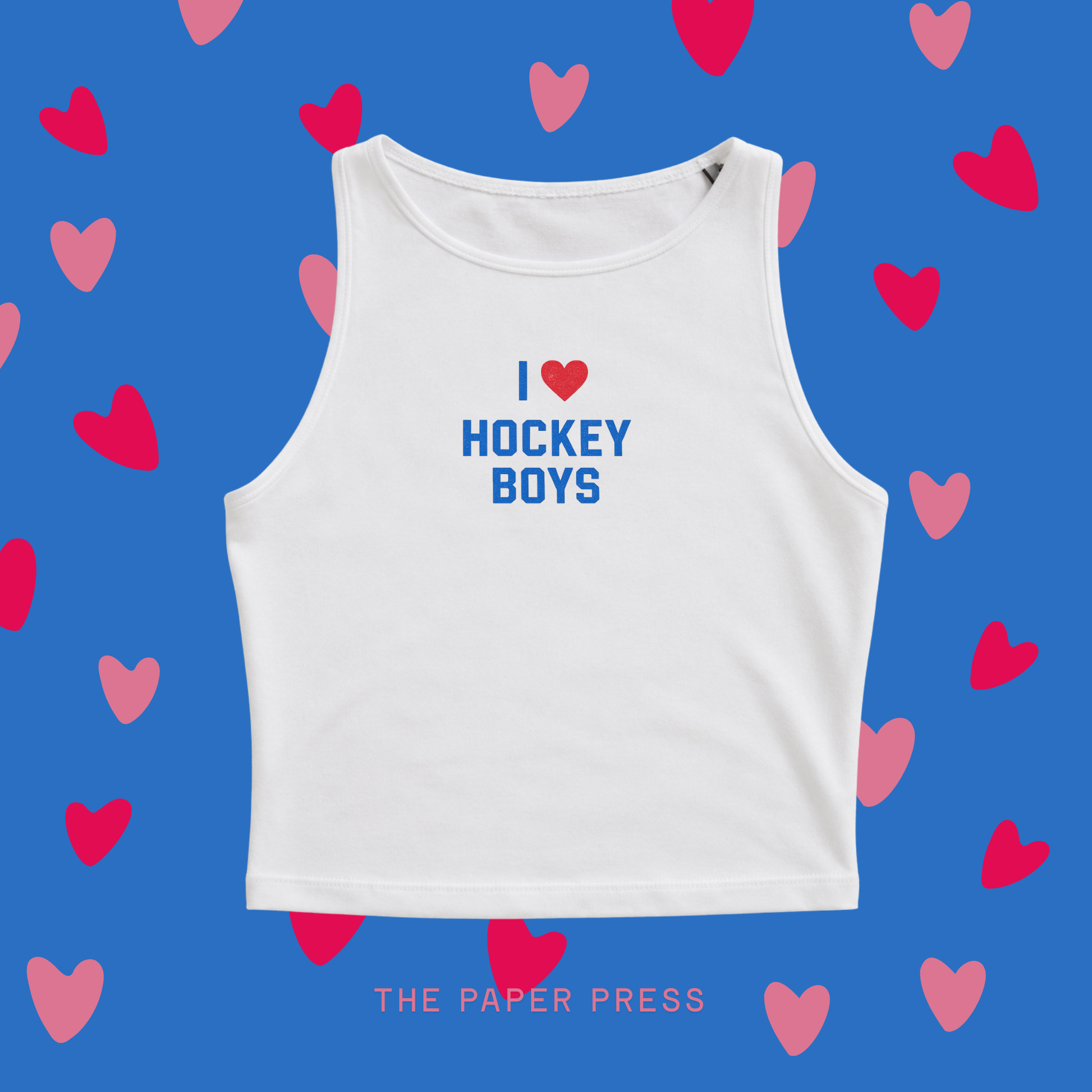 White cropped top- t-shirt saying I love hockey boys! Off campus heated rivalry coded.