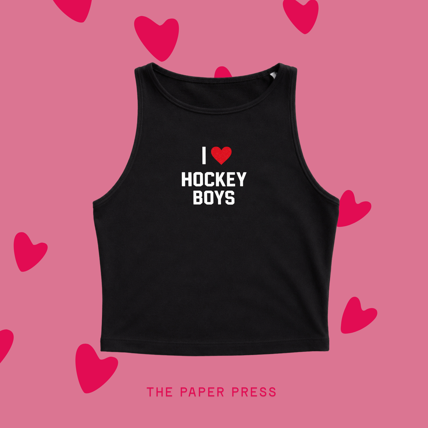 Black cropped top- t-shirt saying I love hockey boys! Off campus heated rivalry coded.