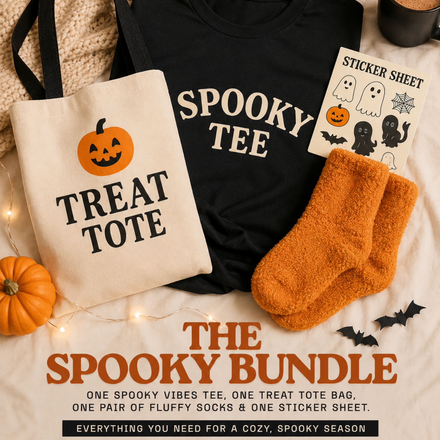 A cozy Halloween-themed bundle laid out on a cream fabric background, including a black T-shirt that says 'SPOOKY TEE,' a cream tote bag that says 'TREAT TOTE' with a pumpkin graphic, orange fuzzy socks, a sticker sheet with ghost and pumpkin illustrations, a small orange pumpkin prop, fairy lights, and a mug edge. Large text at the bottom reads 'THE SPOOKY BUNDLE' with a subtitle listing the included items.