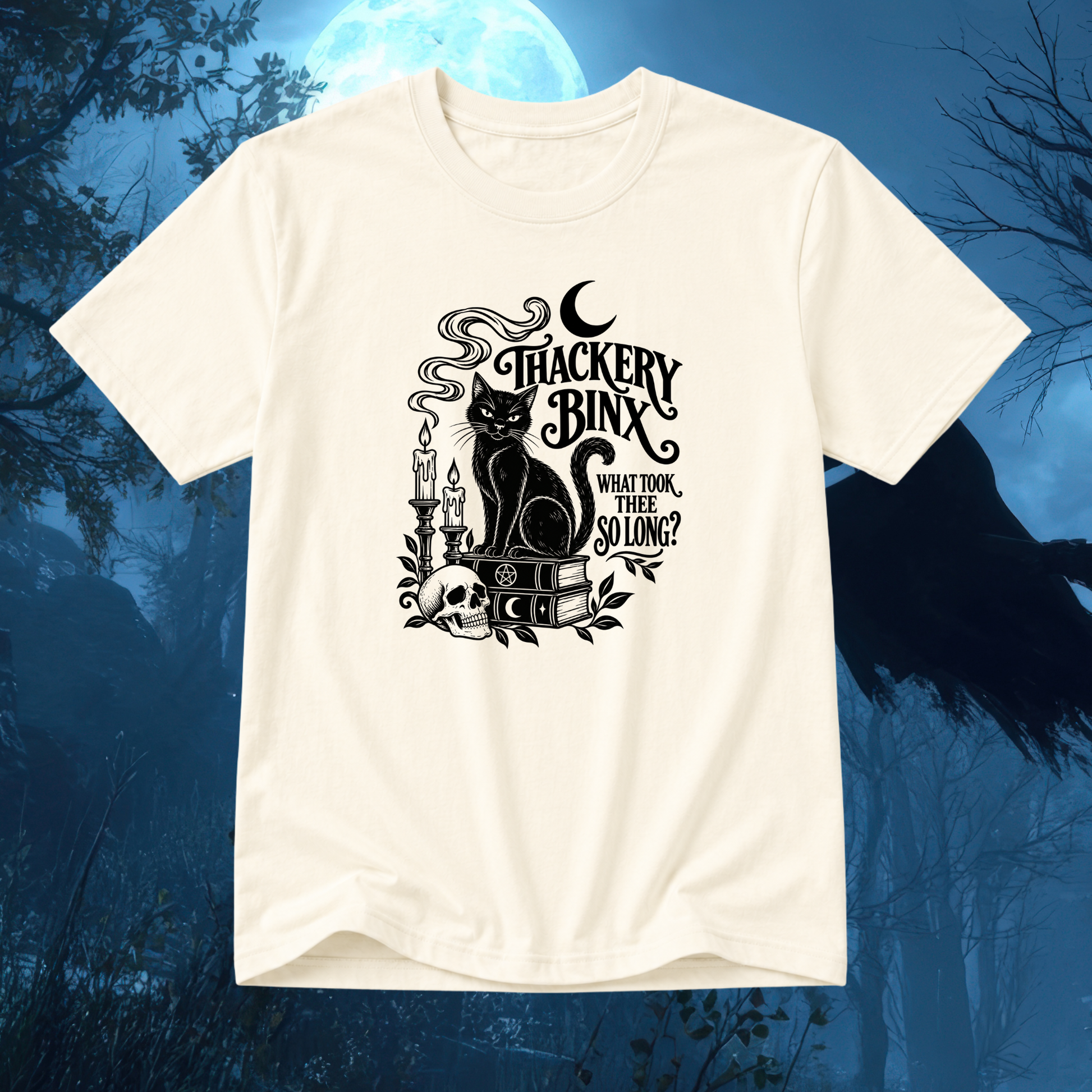Cream Thackery Binx Hocus Pocus coded T-shirt with black vintage witchy cat, candles, spell books and “What Took Thee So Long?” design.
