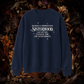 A navy blue crewneck sweatshirt with white text reading 'NO MAGIC IS STRONGER THAN SISTERHOOD. CAST BY FATE, TESTED BY TIME, AND NEVER BROKEN.