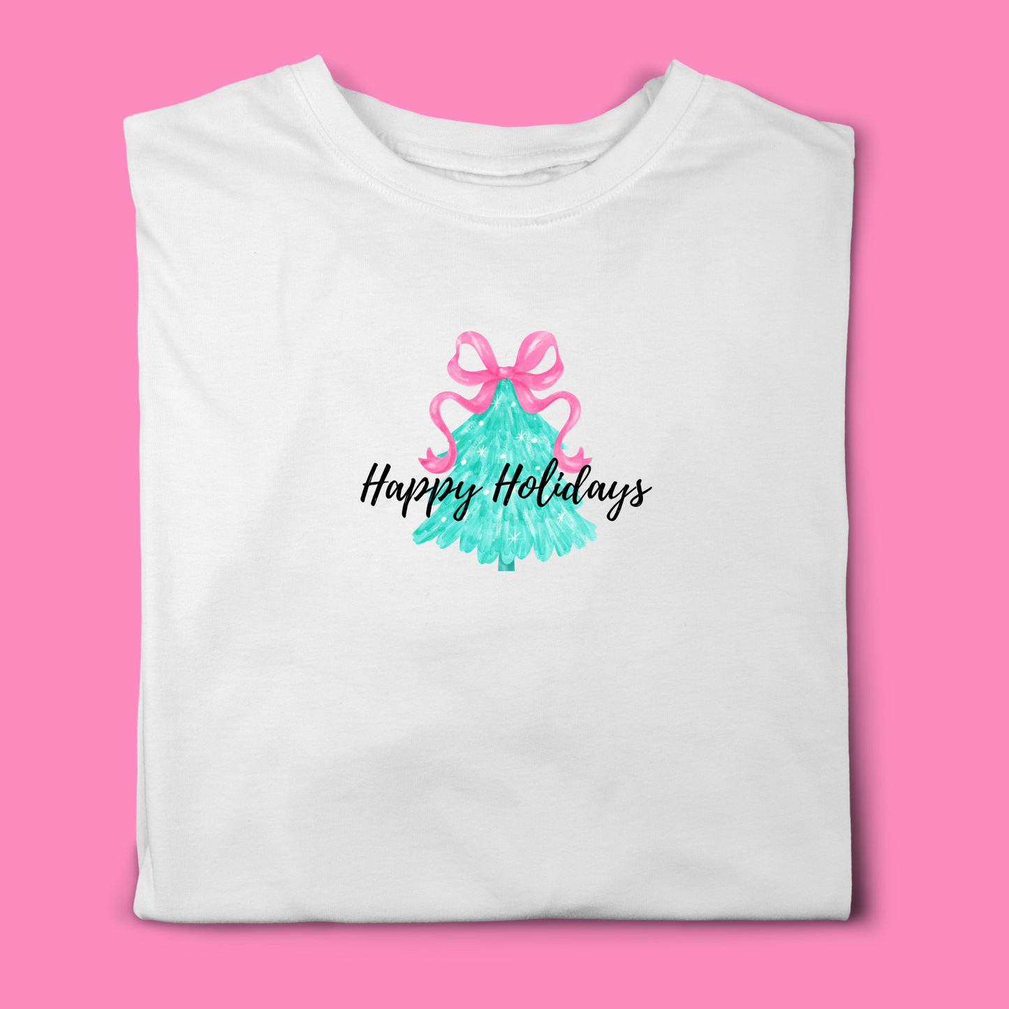 Christmas tree t-shirt with pink bow and happy holidays print. 