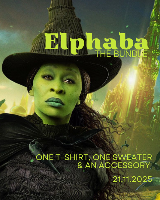 Promotional poster for 'Elphaba The Bundle' with a character in green makeup and a hat, set against a fantasy castle background.