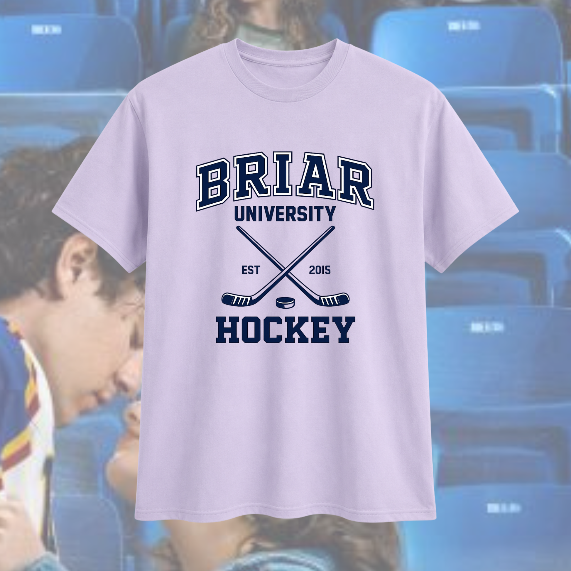 White t-shirt with 'Briar University Hockey' design on a blurred background