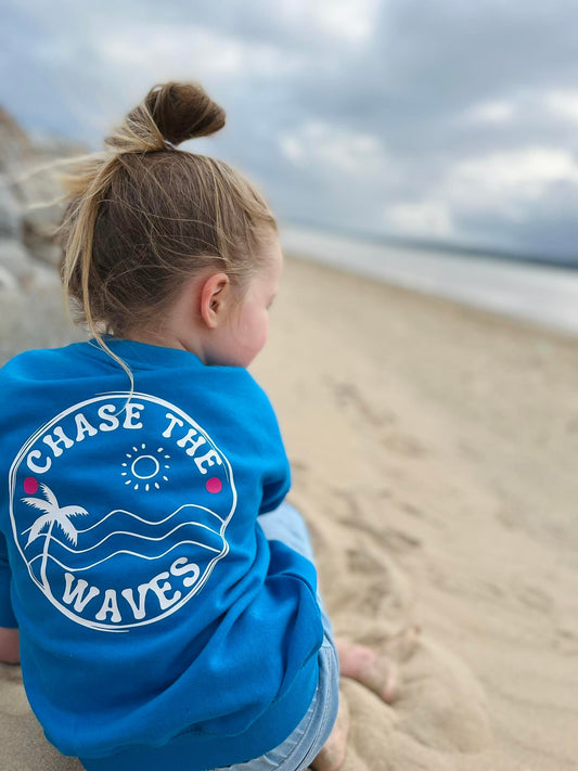 super cute kids sweater sweatshirt blue sky royal chase the waves